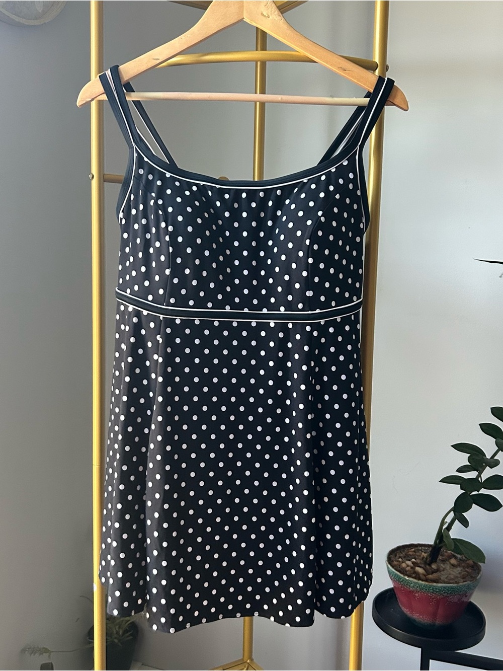 Retro Black Polka Dot swimsuit swimdress with double spaghetti straps size 16W